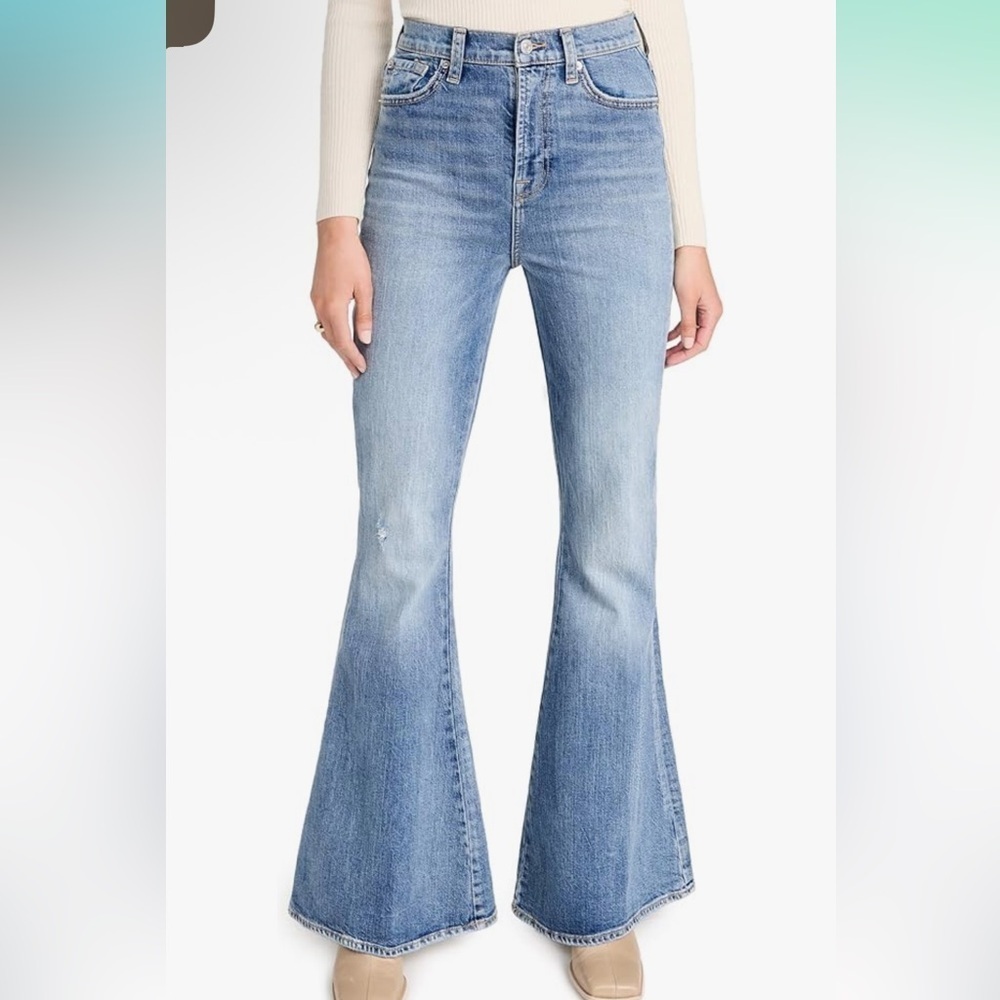7 For All Mankind Womens Megaflare High-Waist Distressed Flare Jeans NWT